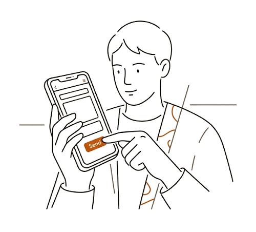 スマートフォンを持ち、送信ボタンを押そうとしている人