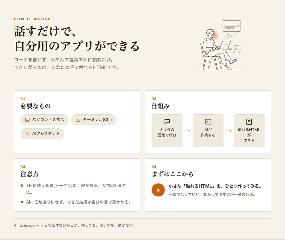 「話すだけで、自分用のアプリができる」というインフォグラフィック。必要なもの(パソコン・ターミナル・AIアシスタント)、仕組み(ふつうの言葉で頼む→AIが作業する→触れるHTMLができる)、注意点、まずはここから、を一枚にまとめた静止画像。